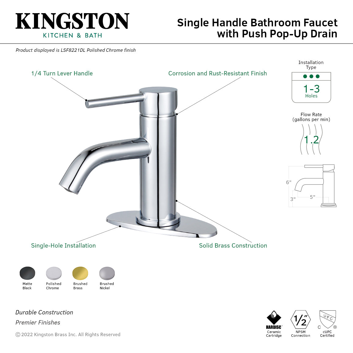 Kingston Sona LSF8221DL - Concord One-Handle 1-Hole Bathroom Faucet with Deck Plate and Push Pop-Up Drain, Polished Chrome — thumbnail 2